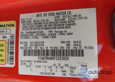 2015 Ford Mustang V6 z USA, uszkodzony, nr VIN 1FA6P8AM0F5335024